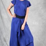 LE SILENCE DU VENT pants with skirt overlay sewing pattern: front view of a vivid blue wide-leg trouser outfit.