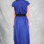 LE SILENCE DU VENT women’s trouser pattern: blue wide-leg pants with a layered, asymmetrical skirt panel, PDF sewing design.