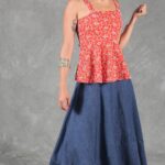 ALBANE summer top sewing pattern: red floral strappy peplum top worn with a long navy-blue skirt.