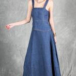 ALBANE fitted sleeveless top sewing pattern: front view of a blue denim top with square neckline and wide straps.