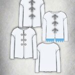 Patrón de costura de chaqueta corta VALENTINE: dibujo técnico con vistas delantera y trasera y varios cierres.