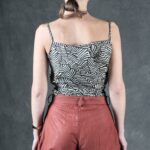 MILA women’s tank top sewing pattern with a crossover back, gathered front and adjustable waist tie, ideal for a light handmade warm-weather wardrobe.