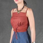 MILA PDF pattern for a relaxed-fit sleeveless summer blouse, combining subtle bust gathers, bias-tape edge finishing and a tie-around waist belt.