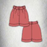 MAYS high-waisted women’s shorts sewing pattern PDF, featuring front pleats, belt loops and neatly turned-up hems for a smart summer look.