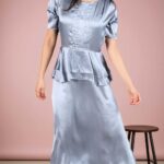 CLAUDIE long dress sewing pattern presentation, featuring a romantic dress design with puff sleeves, front pintucks and softly layered ruffles.