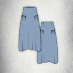 Technical illustration of the Noa gathered skirt pattern showing both front and back views, featuring a wide waistband, soft gathers below the yoke, and an A-line silhouette