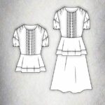Technical drawing of a maxi dress and peplum top with pintuck bodice and puff sleeves, designed for a sewing pattern