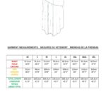 Patrón PDF de costura de falda asimétrica MILLISIERES: tabla de tallas y medidas debajo del dibujo técnico de la falda fruncida.