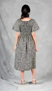 Back view of the Dune dress showing shirred elastic detail – gathered dress pattern for women