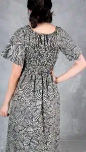Back close-up of elastic shirring on the Dune dress – handmade gathered dress sewing pattern