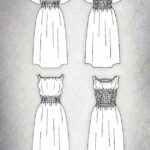 Dibujos técnicos del patrón de costura del vestido DUNE con vistas delantera y trasera y variantes con y sin mangas.
