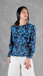 3/4 front view of Agathe blouse, showcasing the relaxed fit and gathered neckline – elegant long sleeve blouse sewing pattern