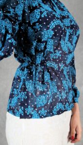 Full body view of Agathe blouse, paired with cream pants – modern handmade look using a long sleeve blouse sewing pattern