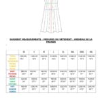 DOMITIA panel dress sewing pattern measurement chart, with a dress outline and finished bust, waist, hip and length measurements from XS to 4XL.