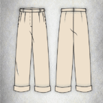 Dessin technique du patron de couture pantalon avec plis, ceinture et revers