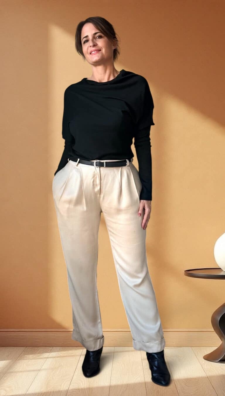 Patron de couture pantalon à plis AUDREY : debout de face, ourlet à revers et bottines