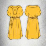 Dessin technique du patron de robe caftan – vues avant et arrière avec encolure en V, manches kimono et ceinture optionnelle – patron PDF facile pour débutants