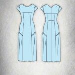 Technical front and back views of the BELLA dress sewing pattern, with cap sleeves, shaped panel seams and a paneled skirt.