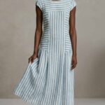BELLA cap-sleeve dress sewing pattern: full front view of a blue-and-white striped summer dress with a flowing paneled skirt.