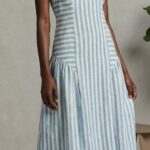 BELLA cap-sleeve dress sewing pattern: close-up of the striped bodice and waist, showing the curved panel construction.