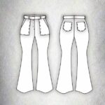 Patrón de costura del pantalón acampanado AUDE — presentación del diseño de pantalón acampanado moderno de tiro alto. Los bolsillos de parche delanteros y traseros aportan estructura a la silueta holgada.
