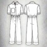 Technical drawing of the EMMA jumpsuit sewing pattern with shirt collar, chest pocket, short sleeves and pleated trousers.
