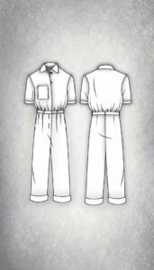 Boceto técnico de un patrón de mono con mangas cortas, cuello de camisa, bolsillo delantero, pantalones con pliegues y dobladillos vueltos – ideal para proyectos con lino o tejidos ligeros.