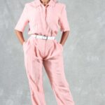 EMMA collared jumpsuit sewing pattern: blush pink linen outfit with button placket and a softly shaped waist.