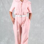 EMMA short-sleeve jumpsuit sewing pattern: pink linen design with pleated trousers and softly flowing legs.
