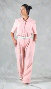 Stylish summer jumpsuit sewing project with short sleeves, pleated front trousers, and a soft linen drape – perfect for sewists looking for a polished casual pattern.