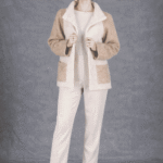 JOY relaxed jacket sewing pattern: front view of the beige two-tone jacket with large patch pockets and stand collar.