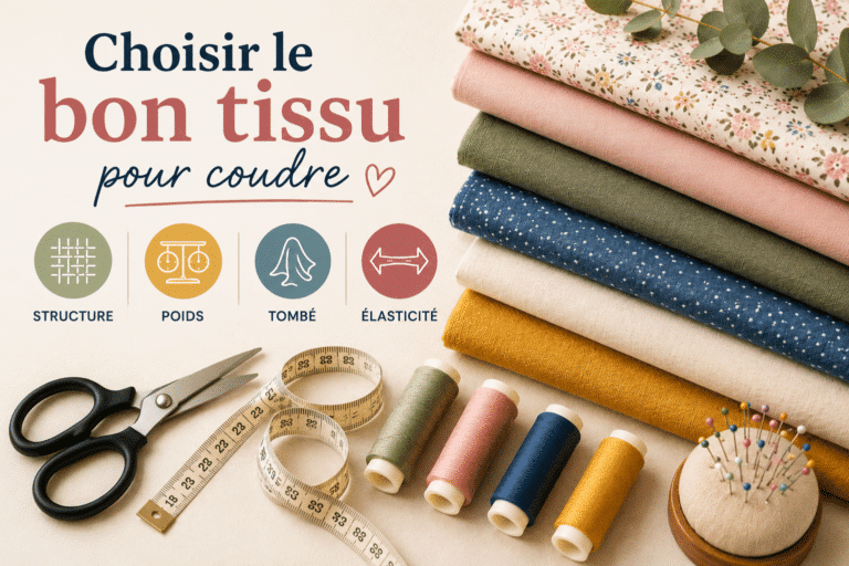 Guide de choix des tissus pour la couture présentant différents tissus tissés, des outils de couture et les quatre principales caractéristiques d'un tissu : structure, poids, tombé et élasticité.