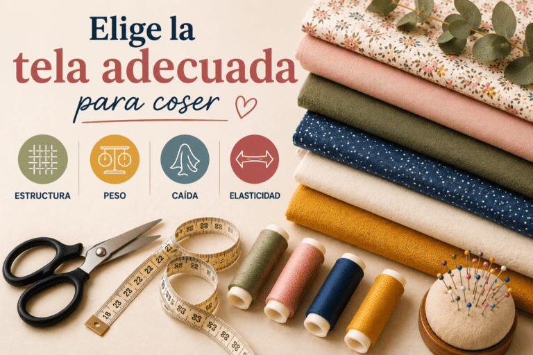 Guía para elegir telas para costura que muestra diferentes tejidos planos, herramientas de costura y las cuatro características principales de una tela: estructura, peso, caída y elasticidad.