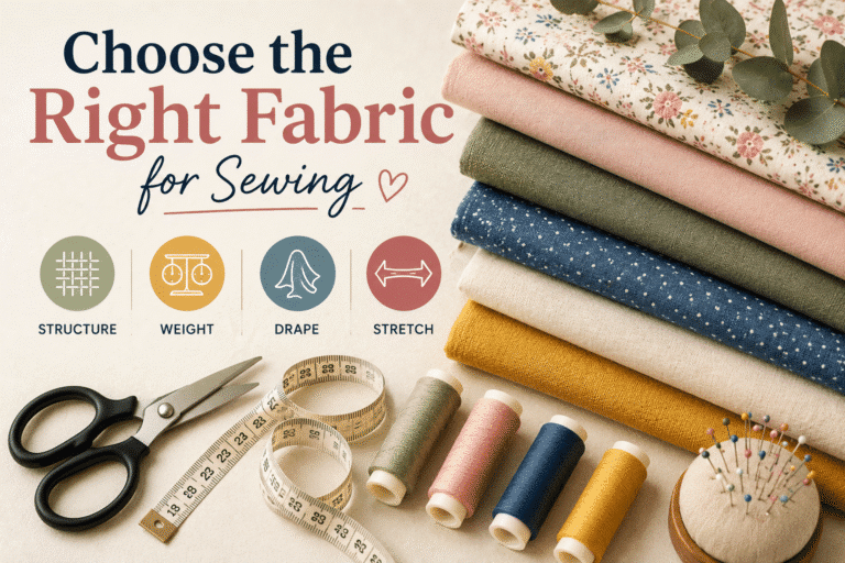 Fabric selection guide for sewing showing different woven fabrics, sewing tools and the four key fabric properties: structure, weight, drape and stretch.