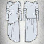 HYPE dress sewing pattern technical drawing, front and back views showing gathers and an asymmetric skirt