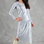 HYPE dress sewing pattern, silver long-sleeved dress with a gathered asymmetric skirt, three-quarter view