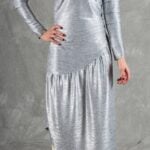 HYPE dress sewing pattern, close-up of the V-neckline and gathered waist on the asymmetric silver dress