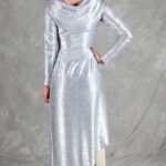 HYPE dress sewing pattern, back view of the silver long-sleeved dress with a draped neckline and asymmetric hem