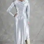 HYPE dress sewing pattern: front view of the silver dress with waist draping and an asymmetric skirt.