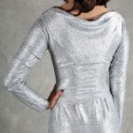 HYPE dress sewing pattern, close-up of the silver dress back with draped neckline and gathered waist