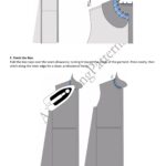 Instrucciones ilustradas del patrón de vestido trapecio LISA, con esquemas de las piezas, el escote y el montaje de los paneles.