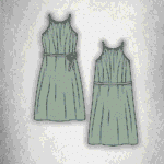 SUZY gathered dress PDF sewing pattern, presentation image for a women’s dress with gathered design details.