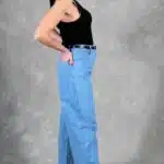Side view of the BALLOON barrel-leg jeans sewing pattern, showing the high waist and gently rounded leg shape.