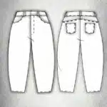 Technical front and back drawings of BALLOON barrel-leg trousers sewing pattern, showing curved legs and back patch pockets.