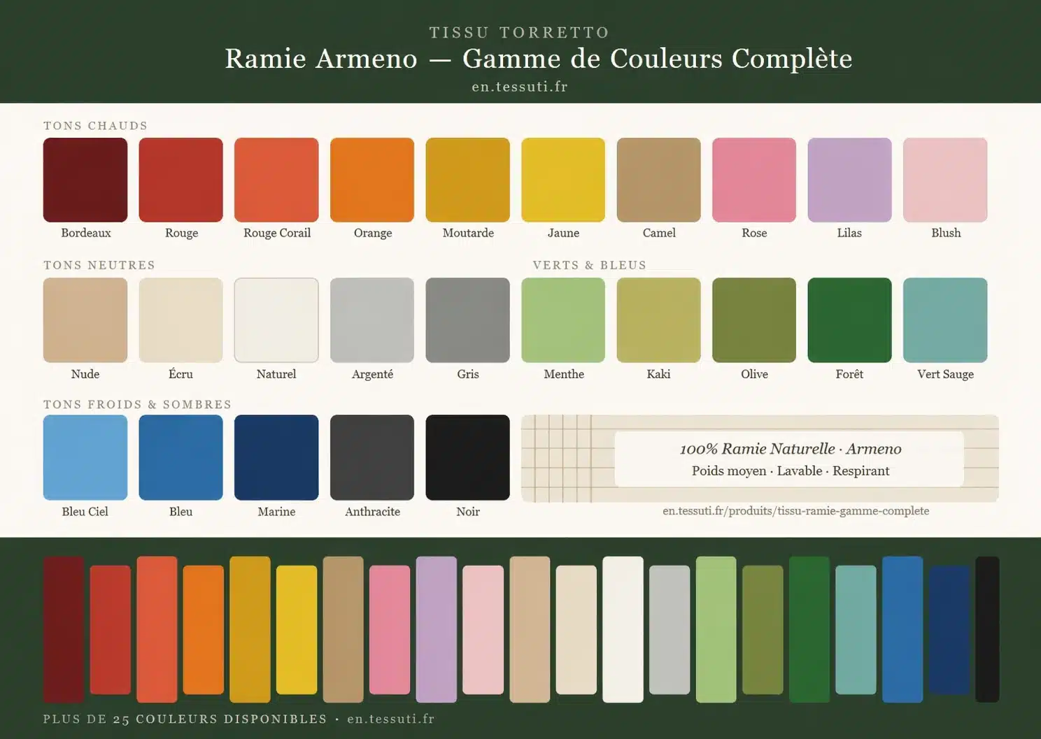 Gamme complète de couleurs du tissu Ramie Armeno de Torretto Tessuti — plus de 25 couleurs dont rouges, roses, jaunes, neutres, verts, bleus et noir