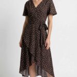 SIENNA women’s wrap dress sewing pattern: front view of the dotted dress with V-neckline, short sleeves and flowing high-low skirt.