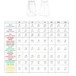 SIENNA dress sewing pattern size chart with measurement table and front and back sketches of the asymmetric wrap dress.