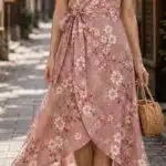 SIENNA floral wrap dress sewing pattern: pink midi dress with short sleeves, tied waist and asymmetric skirt worn on a city street.