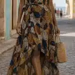 SIENNA wrap dress sewing pattern: long, fluid dress with bold multicolour print, short sleeves and high-low skirt on a cobblestone street.