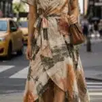 SIENNA asymmetric wrap dress sewing pattern: front view of a patterned midi dress with waist tie and flutter sleeves in the city.